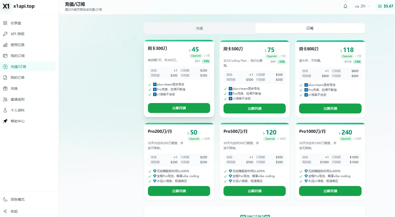 x1api 订阅套餐截图